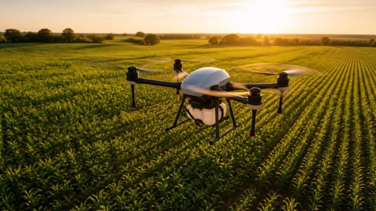 Drone agrícola sobrevoando lavoura com mapas de vegetação exibidos em sobreposição
