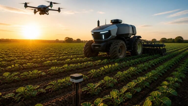 Trator autônomo trabalhando em um campo com sensores e drones sobrevoando