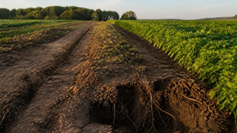 Solo agrícola com sulcos de tráfego de máquina e cobertura vegetal parcial mostrando sinais de compactação
