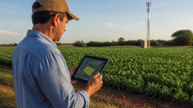 Produtor rural usando tablet em campo com antena de internet ao fundo
