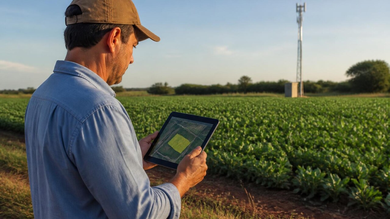 Produtor rural usando tablet em campo com antena de internet ao fundo