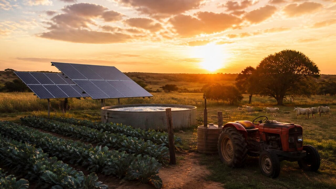 Painéis solares em área rural com tratores e cultivo ao fundo