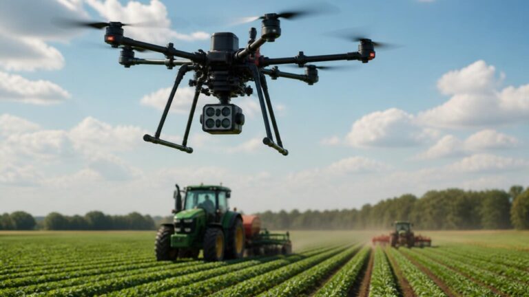 Drone sobrevoando área agrícola coletando imagens para análise por inteligência artificial