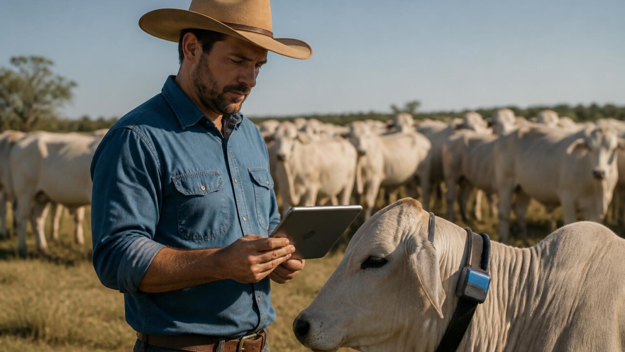 Pecuarista consultando aplicativo com rebanho ao fundo e sensor em animal