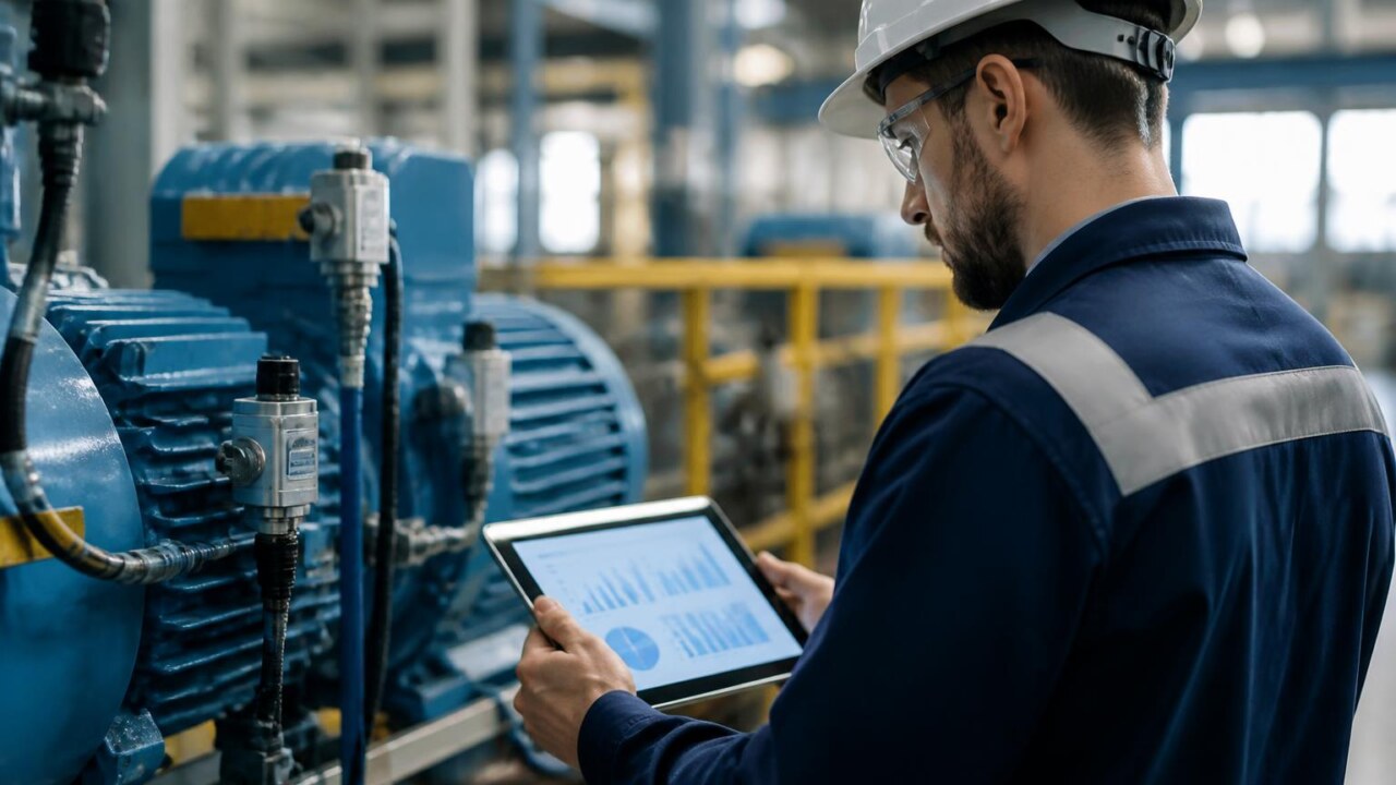 Técnico inspecionando painel industrial com tablet e sensores conectados a máquinas