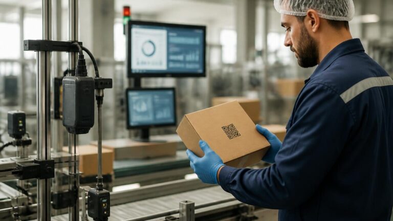 Linha de produção com sensores, etiquetas e código QR representando rastreabilidade digital
