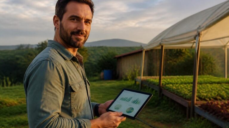 Produtor rural usando tablet para monitorar uma pequena propriedade com plantações e cercas ao fundo