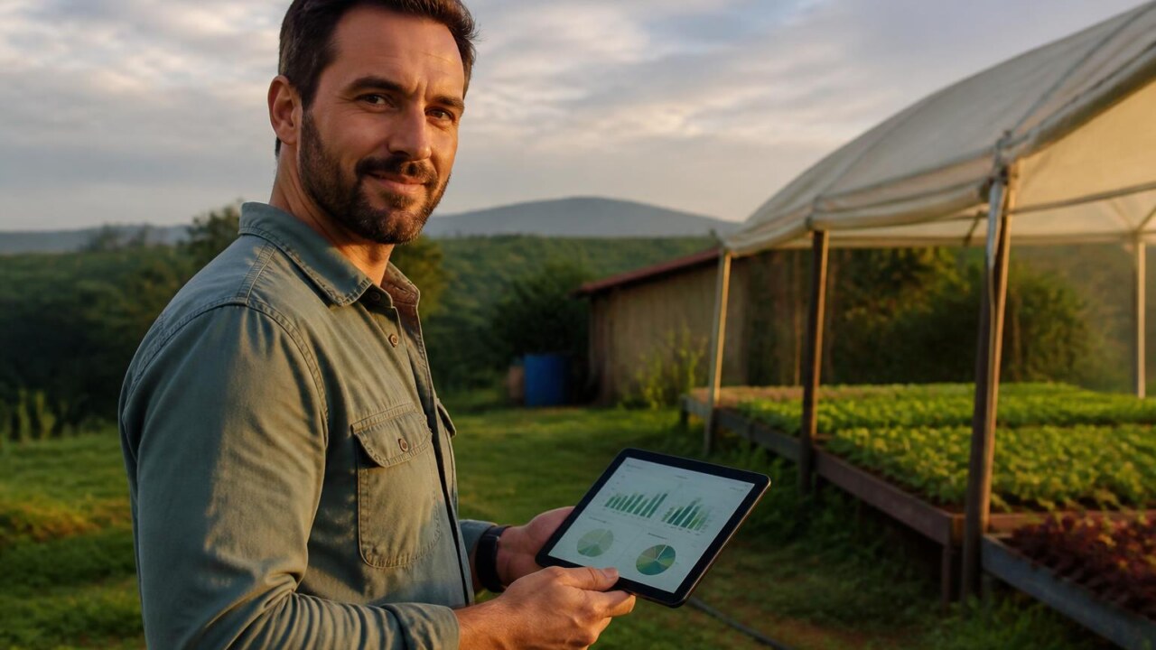 Produtor rural usando tablet para monitorar uma pequena propriedade com plantações e cercas ao fundo