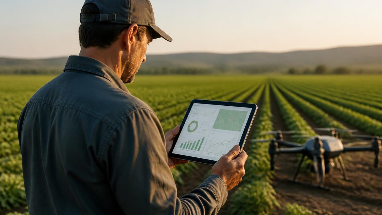 Produtor no campo monitorando dados em tablet com drone e linhas de plantio ao fundo