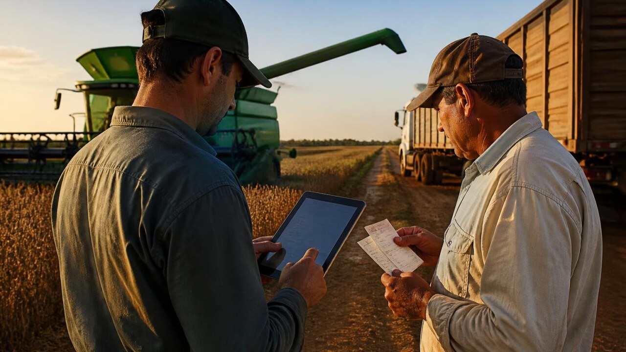 Trabalhadores rurais registrando despesas e checando planilha durante a colheita no campo