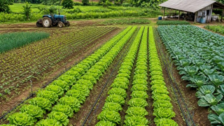 Visão aérea de uma fazenda com campos, sistema de irrigação e maquinário em operação