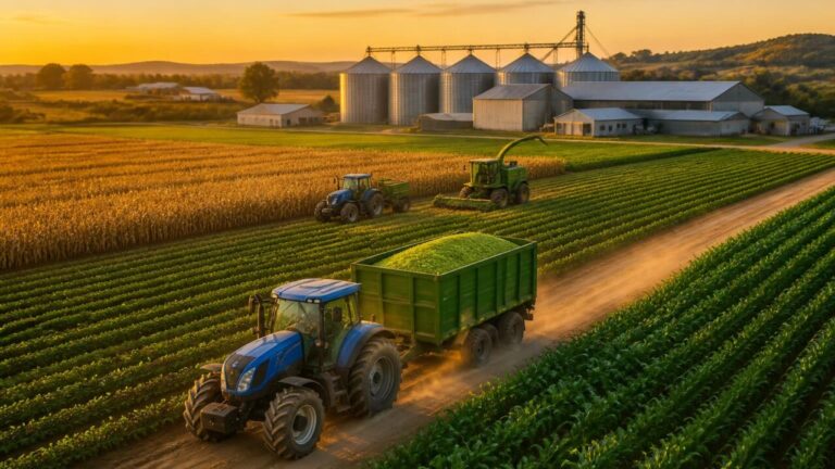 Vista aérea de uma fazenda virtual com plantações, tratores e silos