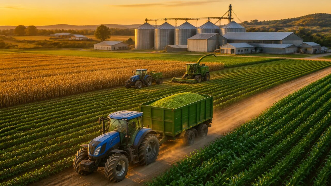 Vista aérea de uma fazenda virtual com plantações, tratores e silos
