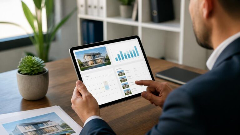 Pessoa usando aplicativo de gestão de imóveis em um tablet com gráficos e lista de tarefas na tela