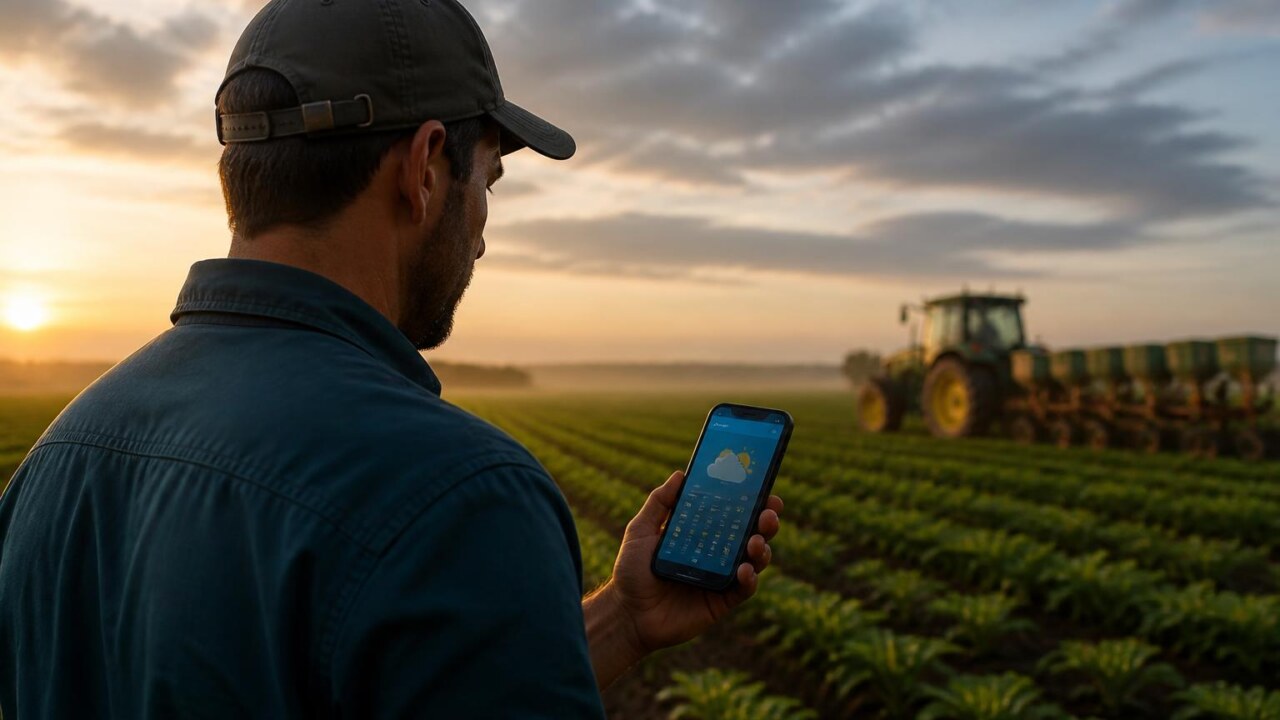 Produtor rural consultando aplicativo meteorológico no celular na beira de uma plantação ao amanhecer