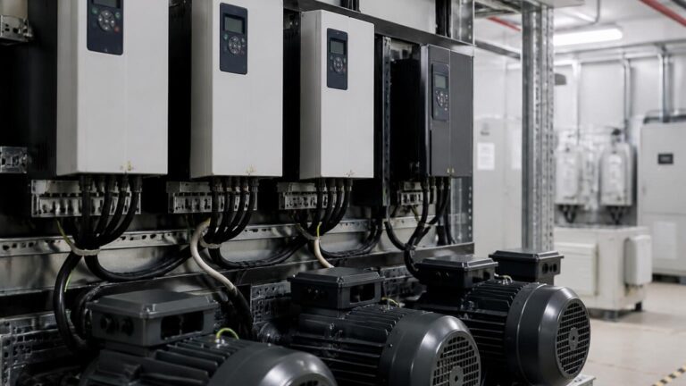 Painel industrial com motores e inversores de frequência em operação