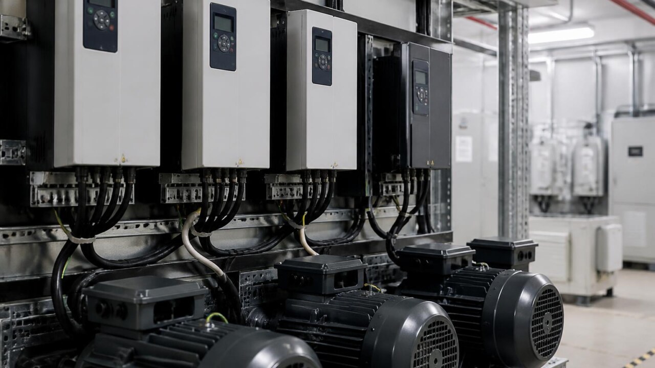 Painel industrial com motores e inversores de frequência em operação