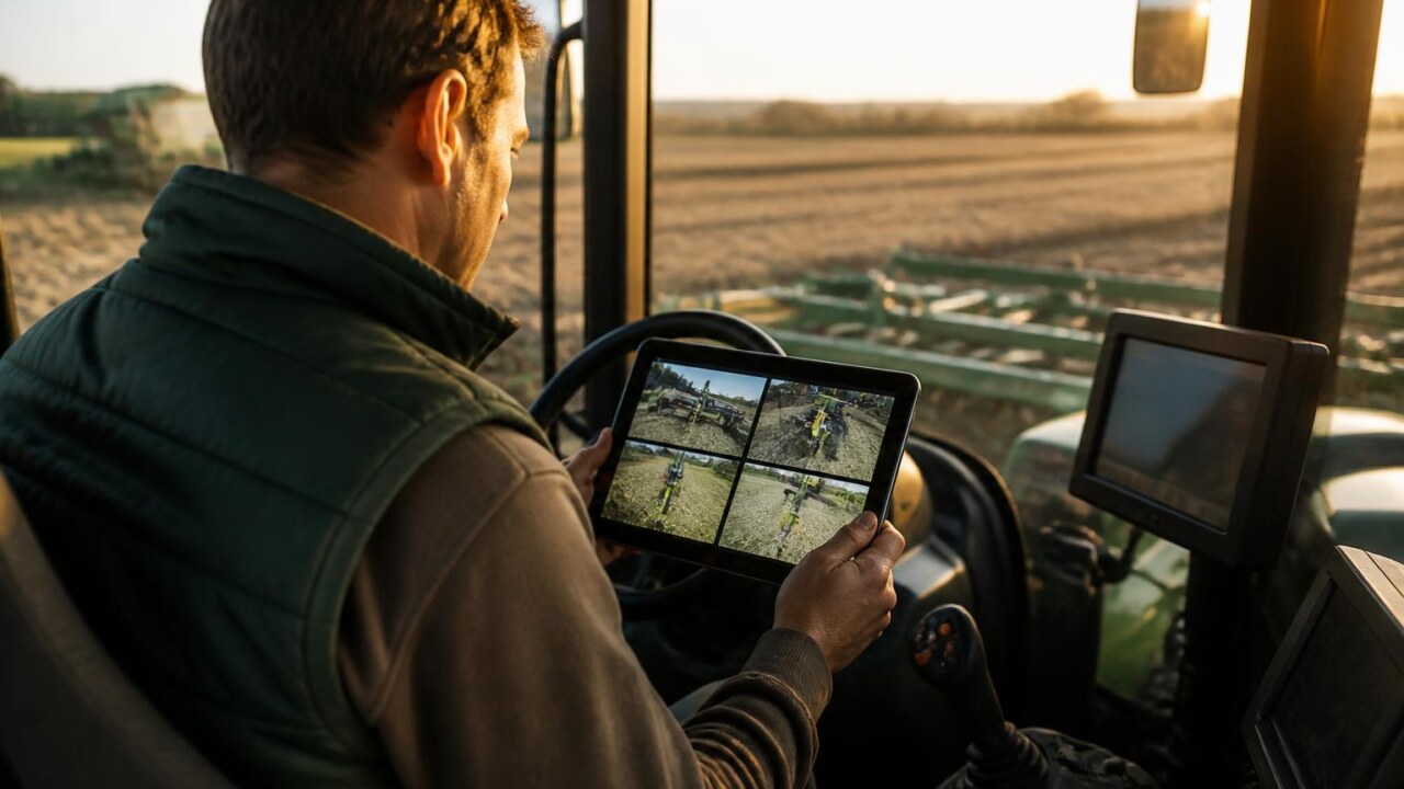 Operador verificando imagens de câmeras de uma máquina agrícola em um tablet no campo