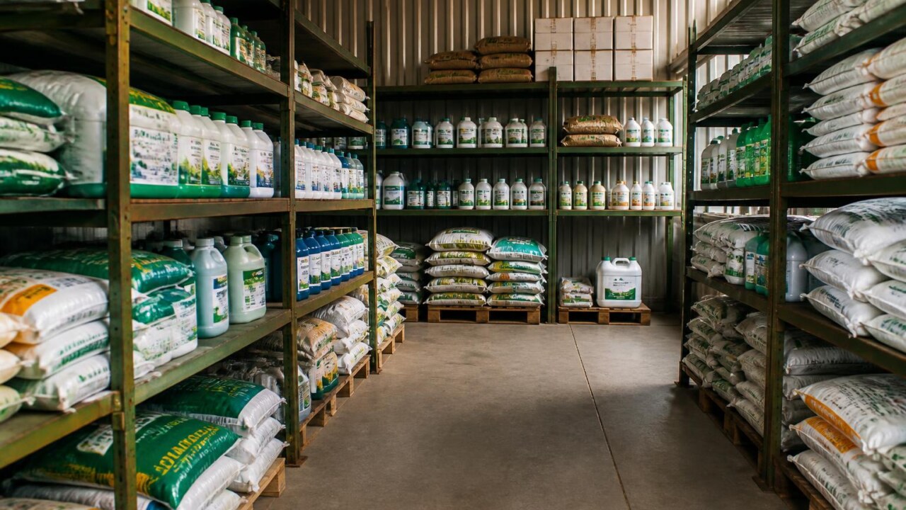 Prateleiras organizadas com embalagens de fertilizantes e defensivos agrícolas etiquetados em depósito de fazenda