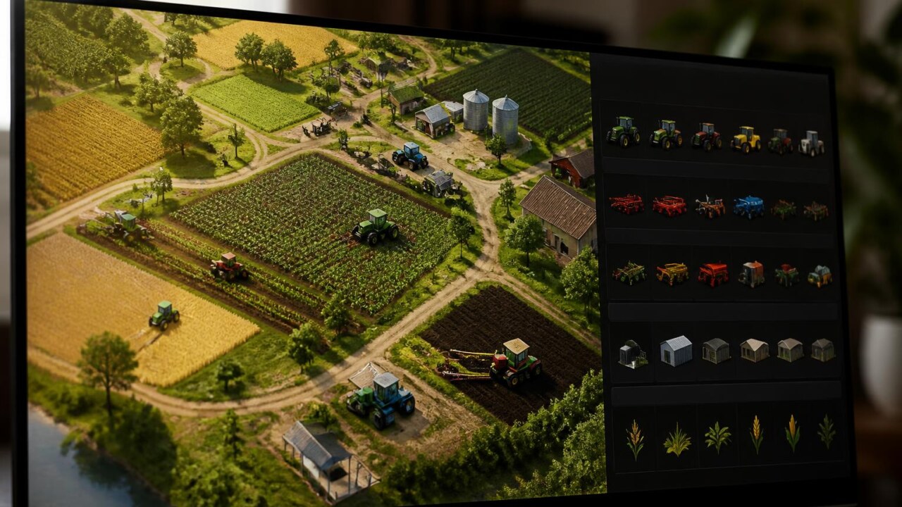 Campo agrícola simulado com tratores e plantações, visual estilizado de jogo