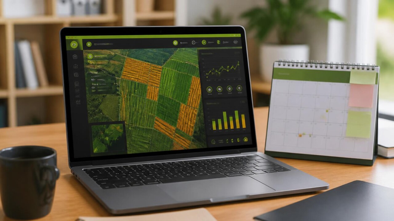 Vista aérea de uma fazenda virtual em tela de computador com gráficos e calendário ao lado