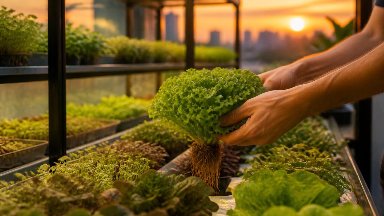 Estufa urbana com bandejas de microverdes e ervas aromáticas prontos para colheita