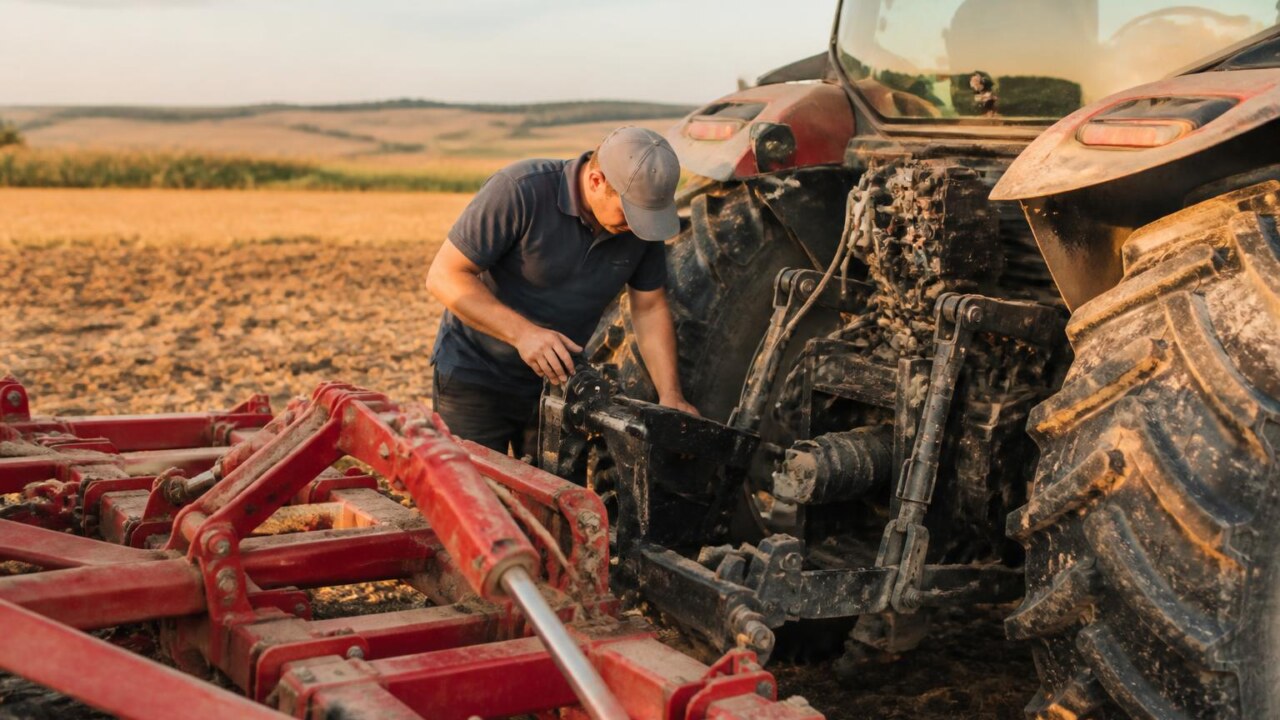 Pessoa avaliando um implemento agrícola acoplado a um trator em campo
