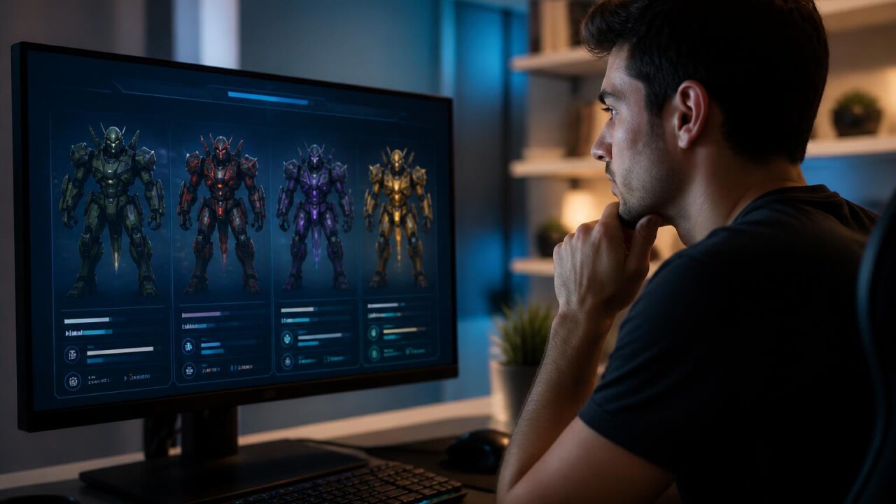Jogador avaliando diferentes máquinas futuristas em painel de seleção no jogo