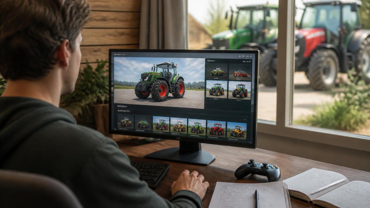 Jogador avaliando tratores e implementos em loja de um simulador agrícola no computador