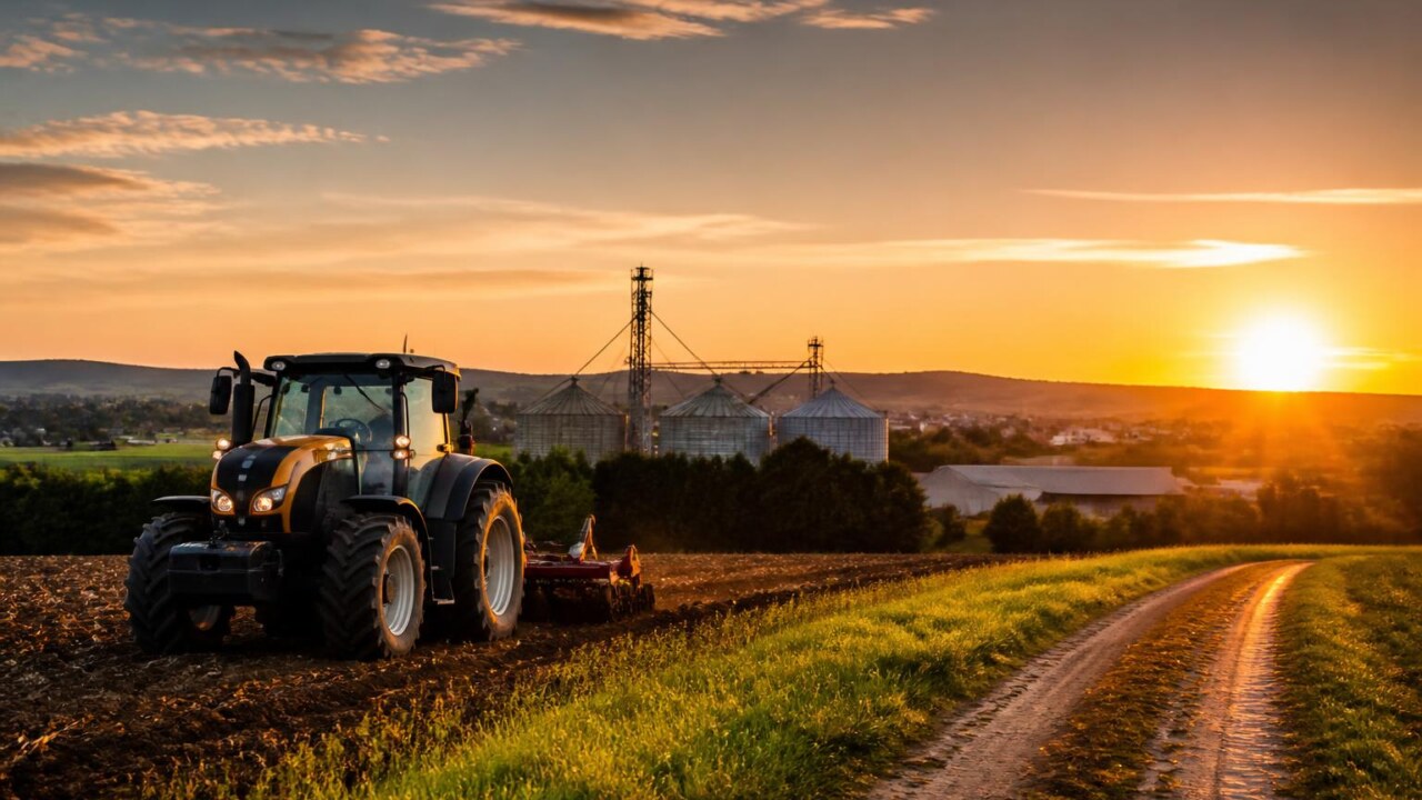 Trator em campo brasileiro ao entardecer, com estrada de terra e silos ao fundo