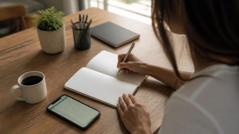 Pessoa organizando orçamento e checklist antes de sair para uma viagem ou evento