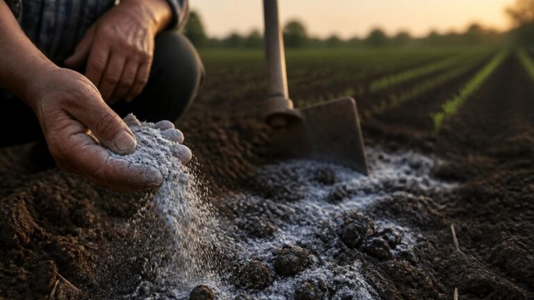 Mão espalhando calcário granuloso sobre solo preparado em plantação