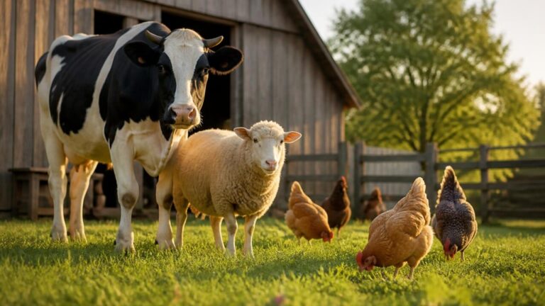 Animais estilizados em uma fazenda virtual, com galinhas, vacas e ovelhas próximos a um celeiro em um cenário diurno