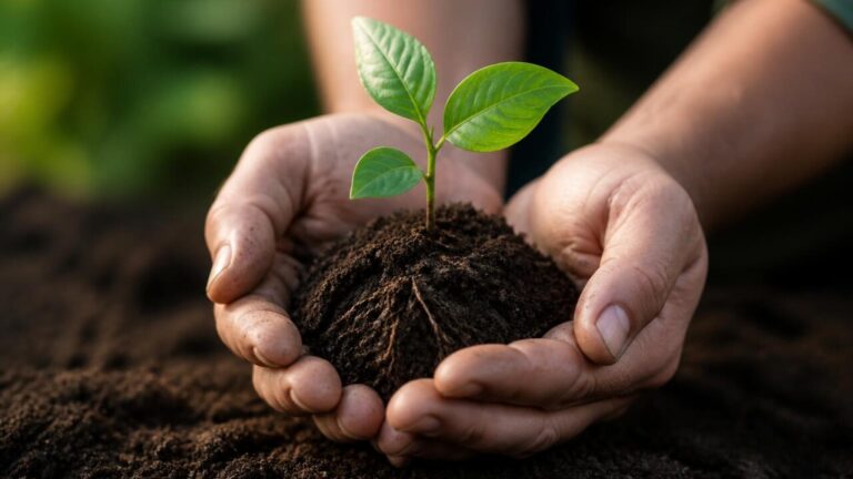 Mãos segurando uma pequena plântula germinada a partir de sementes em solo escuro