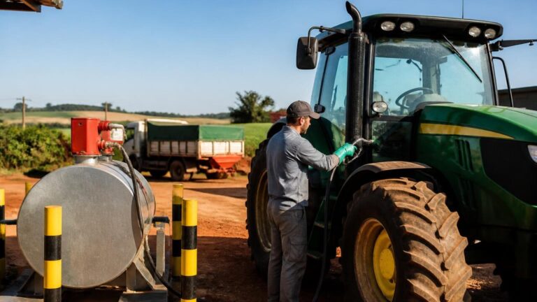 Caminhão e tratores sendo abastecidos em tanque móvel na sede de uma fazenda, com operadores e medidor de combustível visíveis.
