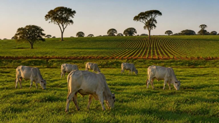Campo com área cultivada e pastagem integrada com animais ao fundo
