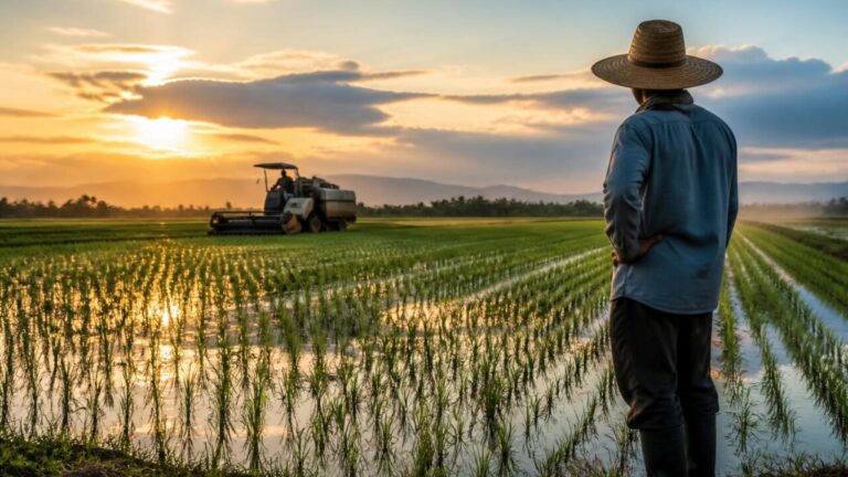 Campo de arroz com fileiras verdes e trabalhadores ao fundo durante a colheita ao entardecer