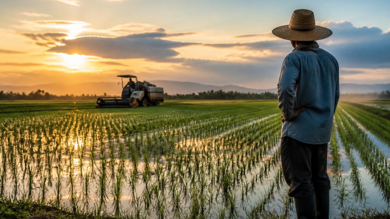 Campo de arroz com fileiras verdes e trabalhadores ao fundo durante a colheita ao entardecer