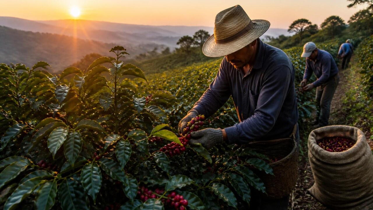 Colheita de café com trabalhadores recolhendo frutos maduros em um cafezal ao amanhecer
