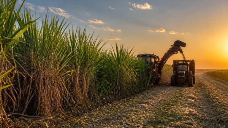 Campo de cana-de-açúcar com colmos verdes prontos para colheita ao entardecer