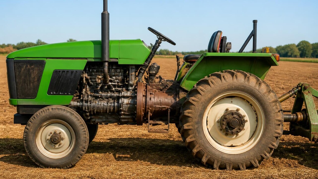 Perfil lateral de um trator agrícola destacando rodas, carcaça da transmissão e eixo de tomada de força em campo.