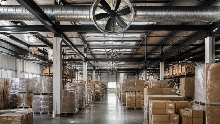 Interior de armazém com ventiladores e corredores ventilados entre paletes