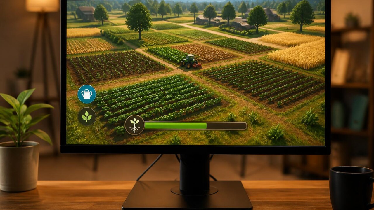 Tela de simulador agrícola mostrando campo em estágios de crescimento e indicadores de semeadura e colheita