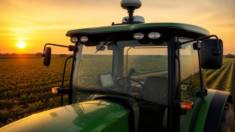 Trator agrícola com sistema de autoguiamento trabalhando em campo ao entardecer