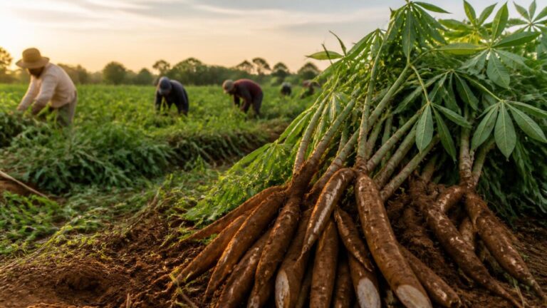 Campo de mandioca com plantas saudáveis e raízes expostas durante a colheita