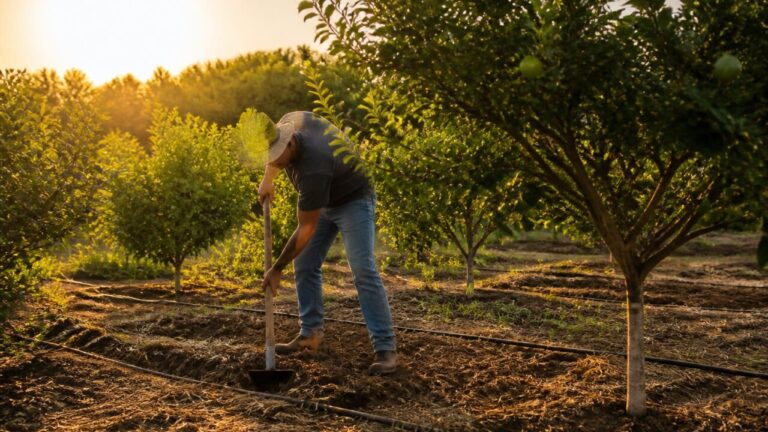Pomar com árvores frutíferas em diferentes estágios de produção ao entardecer