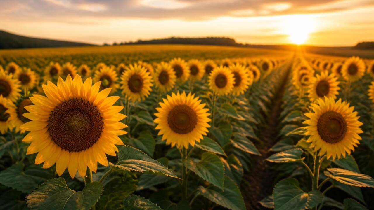 Campo de girassóis em fase de florescimento sob céu azul