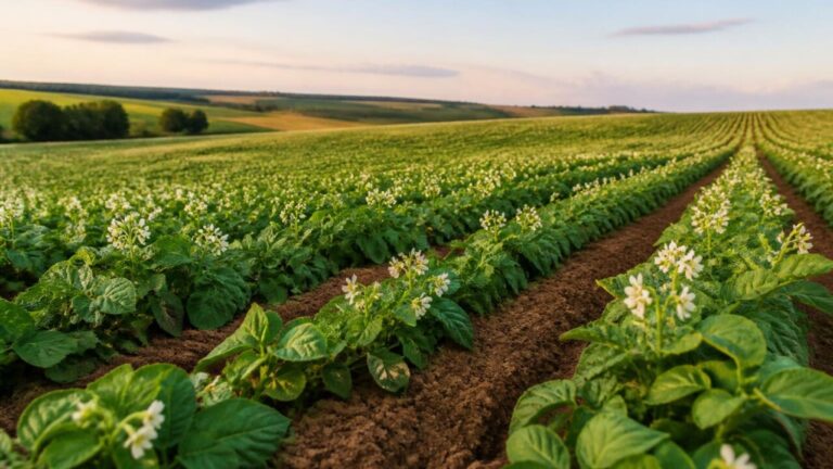 Campo com plantas de feijão em fase de floração sob céu claro
