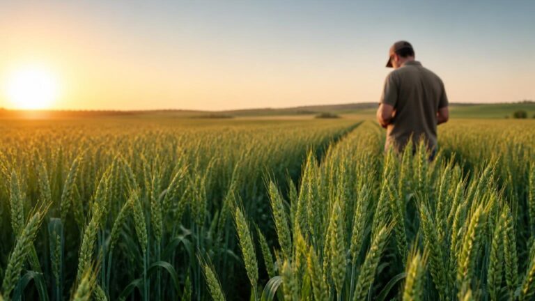 Campo de trigo em fase de espigamento, com solo preparado e faixa de circulação da colheitadeira ao fundo