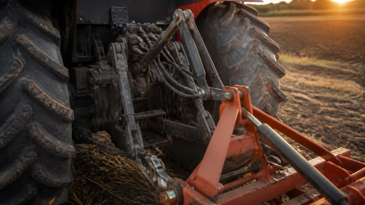 Trator visto de trás com implemento acoplado no engate de três pontos em campo agrícola